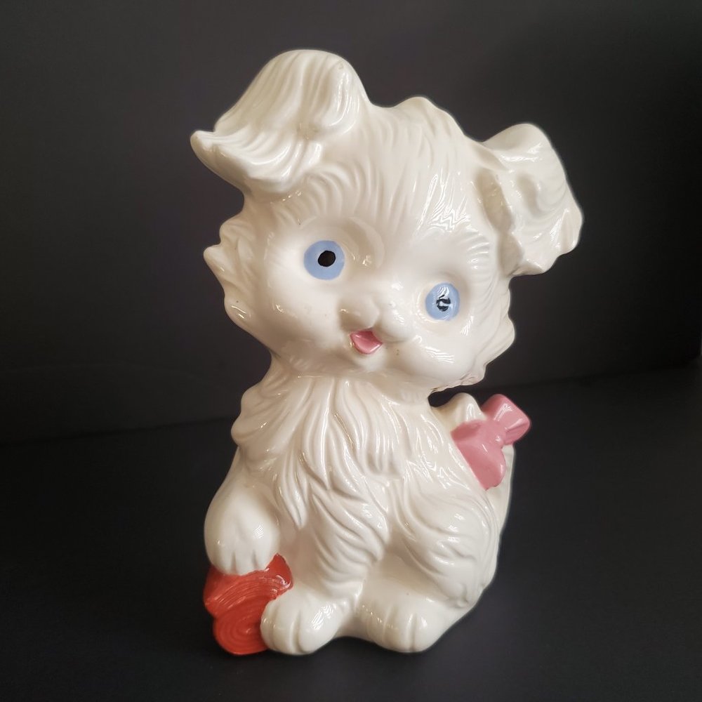 Cute Kitschy Puppy Figurine Vintage Signed 70s Ceramic White Blue Eyes Pink Bow